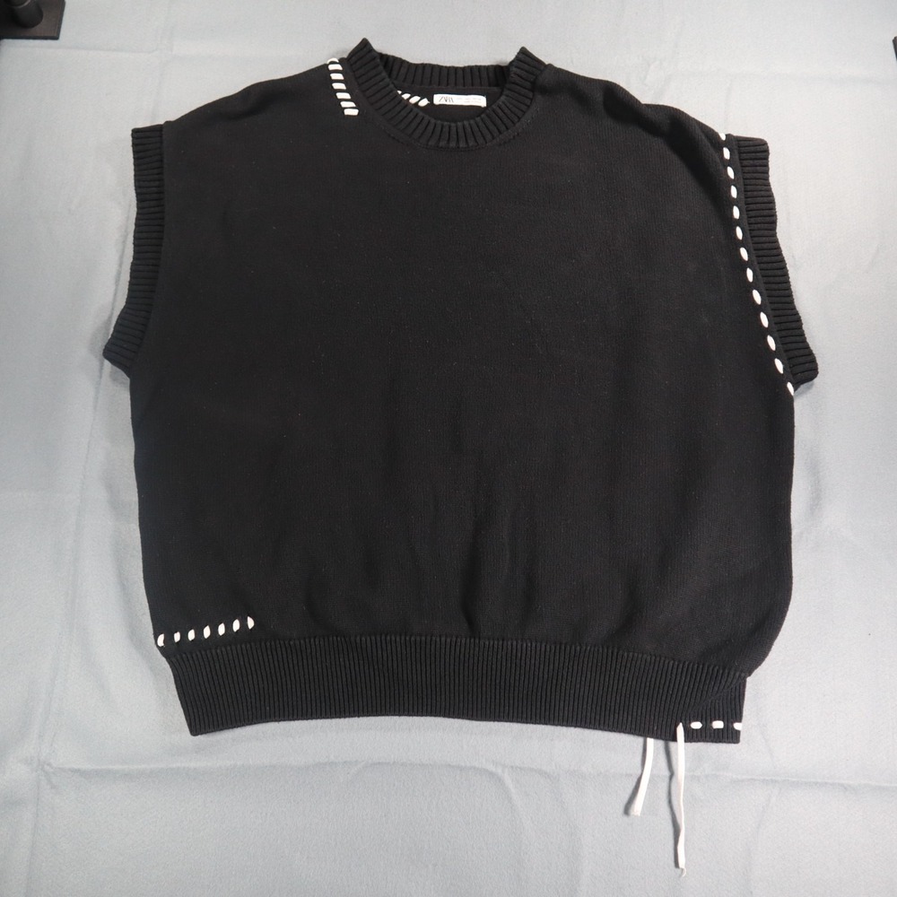 Zara Black White Stitch Detail Sweater Vest Sleeveless Mock Neck Oversized L